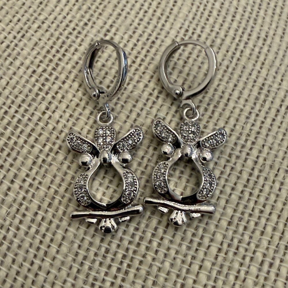 Silver tone Crystal Owl Earrings
